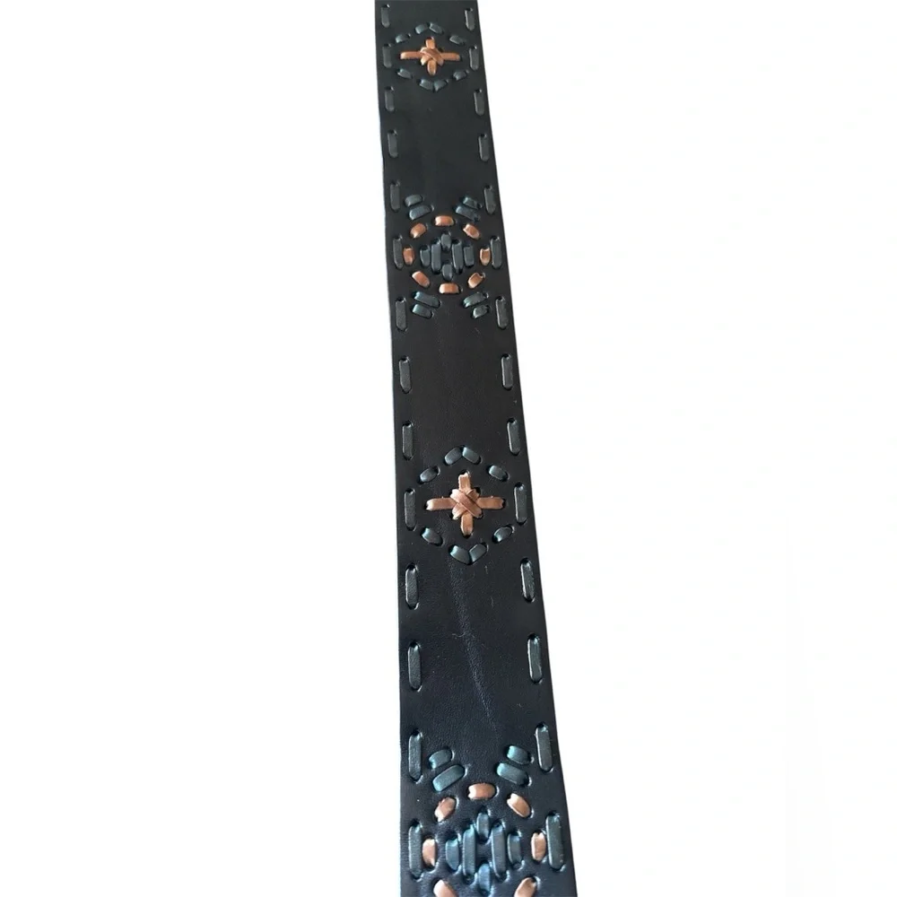 Linea Pelle Brown Cutout Inlay Leather Brass Buckle Women’s Belt Boho Chic Large